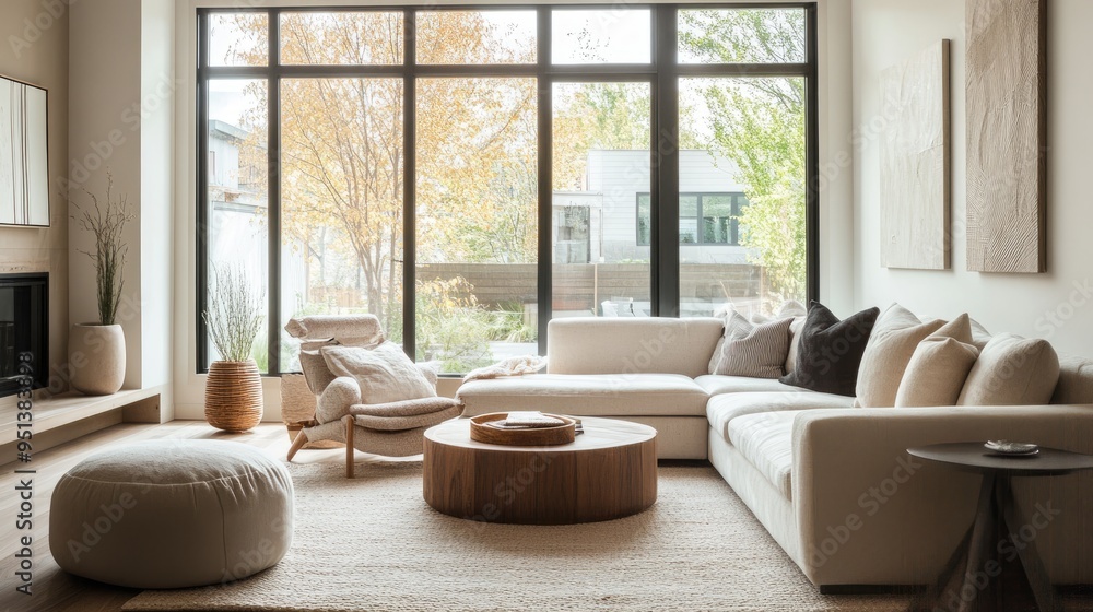 Fototapeta premium A modern cozy living room featuring neutral tones and complementary textures, bathed in bright natural light