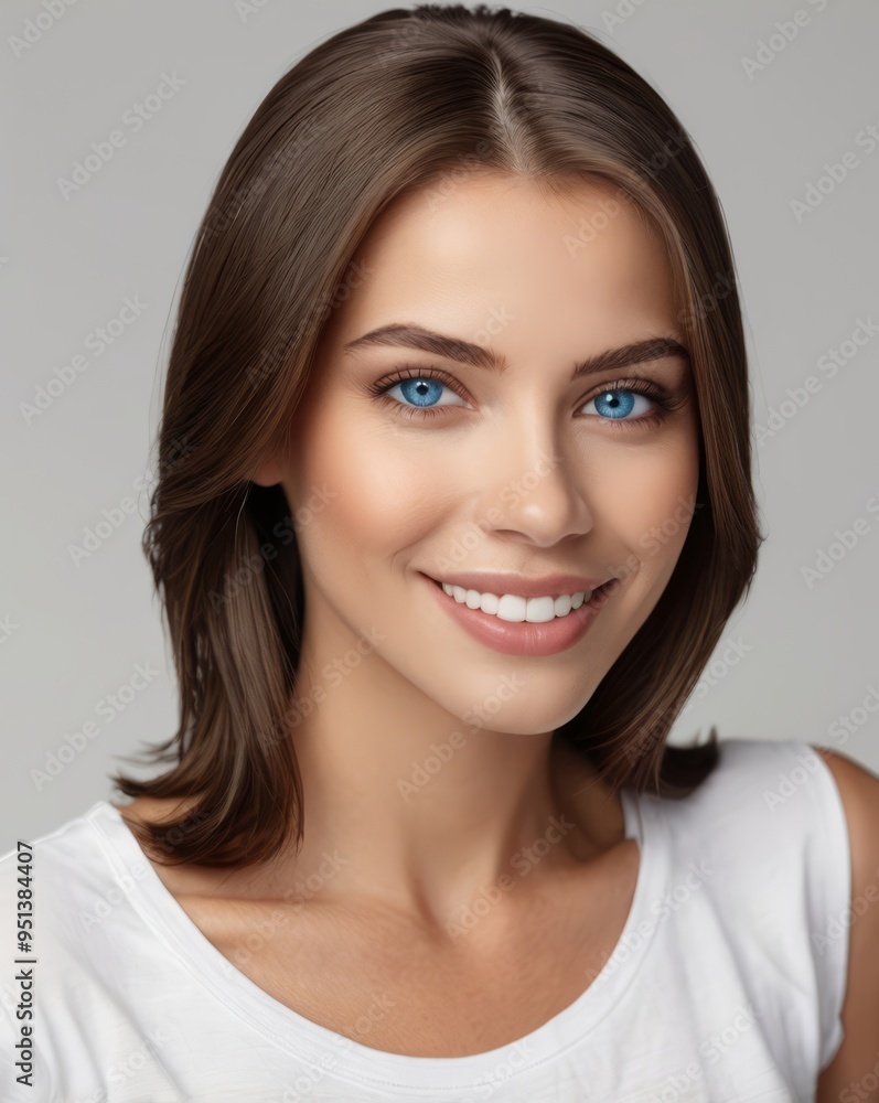 beautiful woman blue eyes, dark brown thick smooth straight shiny and silky hair, smiling, white t-shirt, white background professional photography in studio beautiful woman blue eyes, dark brown thick smooth straight shiny and silky hair, smiling, white t-shirt, white background professional photography in studio