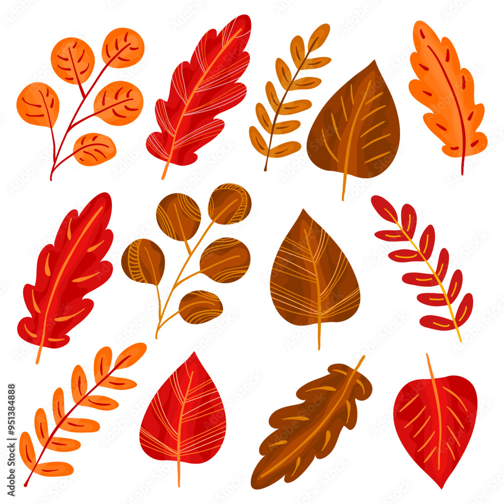 Obraz premium Leaves in autumn colors. Set of different leaves. Isolated color elements, clipart on white background. Nature symbol of autumn