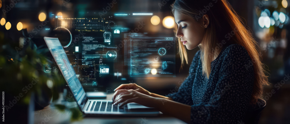 SEO, Search Engine Optimization. Woman typing on laptop computer keyboard searching the information, internet browsing SEO, Search Engine Optimization. Woman typing on laptop computer keyboard searching the information, internet browsing
