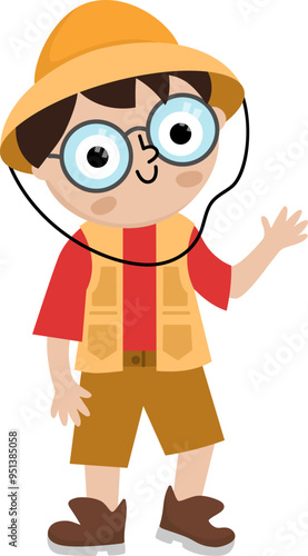 Vector paleontologist icon. Cartoon archeologist boy clipart in hat and brown boots waving hand. Historical dinosaur dig or excavations scientist or explorer illustration. Tourist picture
