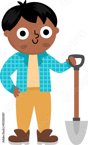 Vector paleontologist icon. Cartoon archeologist boy clipart in brown boots with shovel. Historical dinosaur dig or excavations scientist or explorer illustration. Tourist picture
