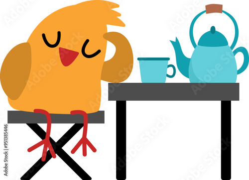 Vector bird sleeping by the table with kettle and teacup icon. Cartoon archeologist animal clipart. Historical dinosaur dig or excavations scientist or explorer illustration. Cute picture for kids