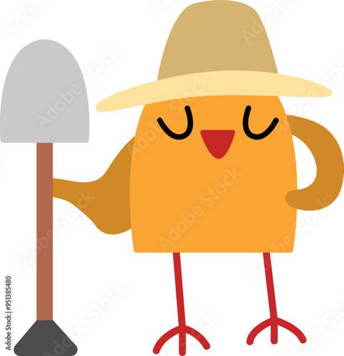 Vector bird in orange hat standing with spade icon. Cartoon archeologist animal clipart. Historical dinosaur dig or excavations scientist or explorer illustration. Cute digger picture for kids
