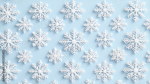 Seamless Pattern of White Snowflakes on Plain White or Blue Background Highlighting Symmetrical Designs