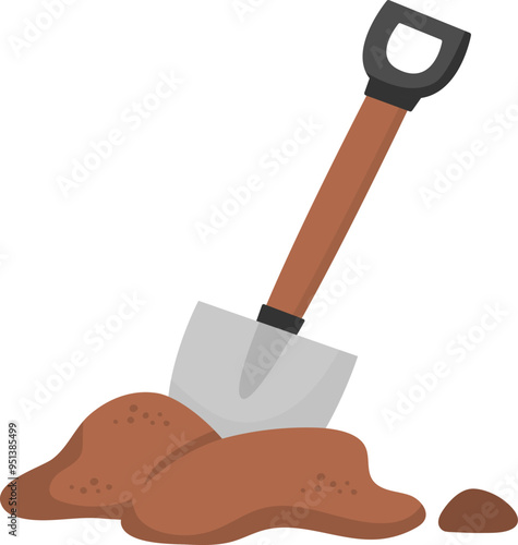 Vector spade stuck in ground illustration isolated on white background. Flat shovel icon with wooden handle. Vector garden, camping, archaeologist or paleontologist tool or equipment