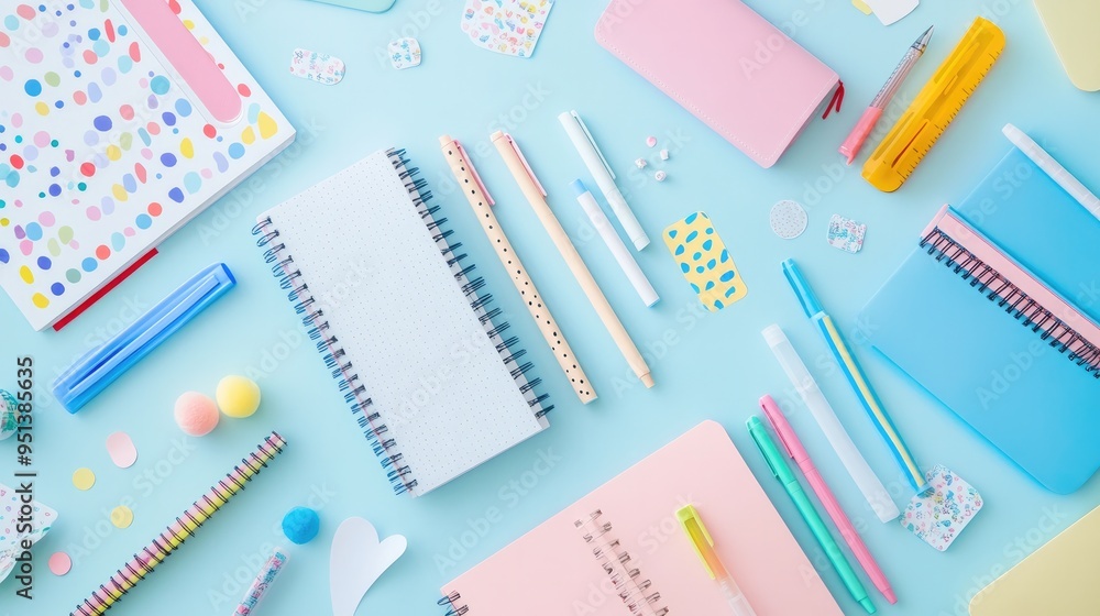 A flat lay of dotted stationery items, including notebooks, pens, and stickers, ready for creative projects - A flat lay of dotted stationery items, including notebooks, pens, and stickers, ready for creative projects -