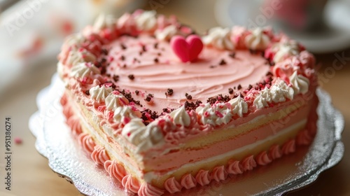 Heart-Shaped Cake Decorated with Pink Frosting and Sprinkles