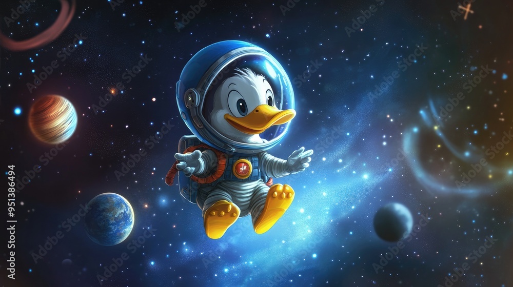Naklejka premium A cute cartoon duck astronaut, floating in space with a helmet on, surrounded by stars and planets
