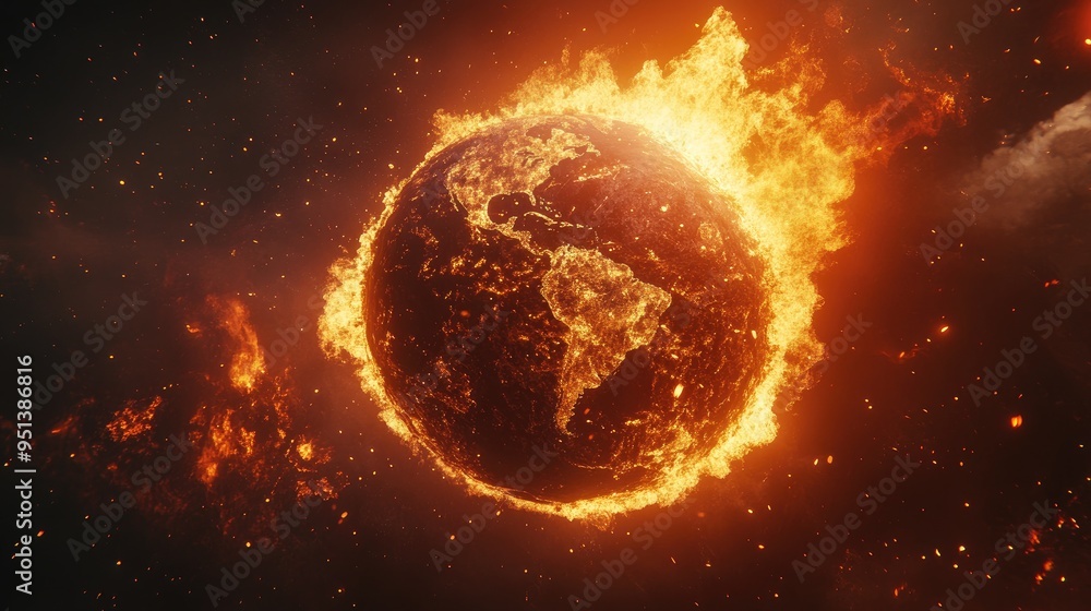 Planet Earth engulfed in flames, depicting a fiery Armageddon with land consumed by fire and destruction. Planet Earth engulfed in flames, depicting a fiery Armageddon with land consumed by fire and destruction.