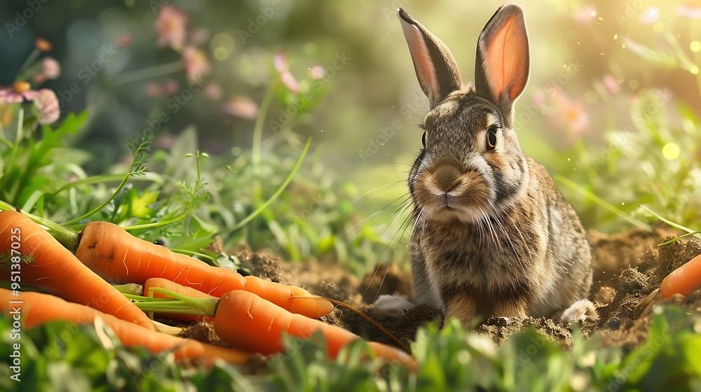 Adorable rabbit savoring carrots in an agricultural garden Adorable rabbit savoring carrots in an agricultural garden