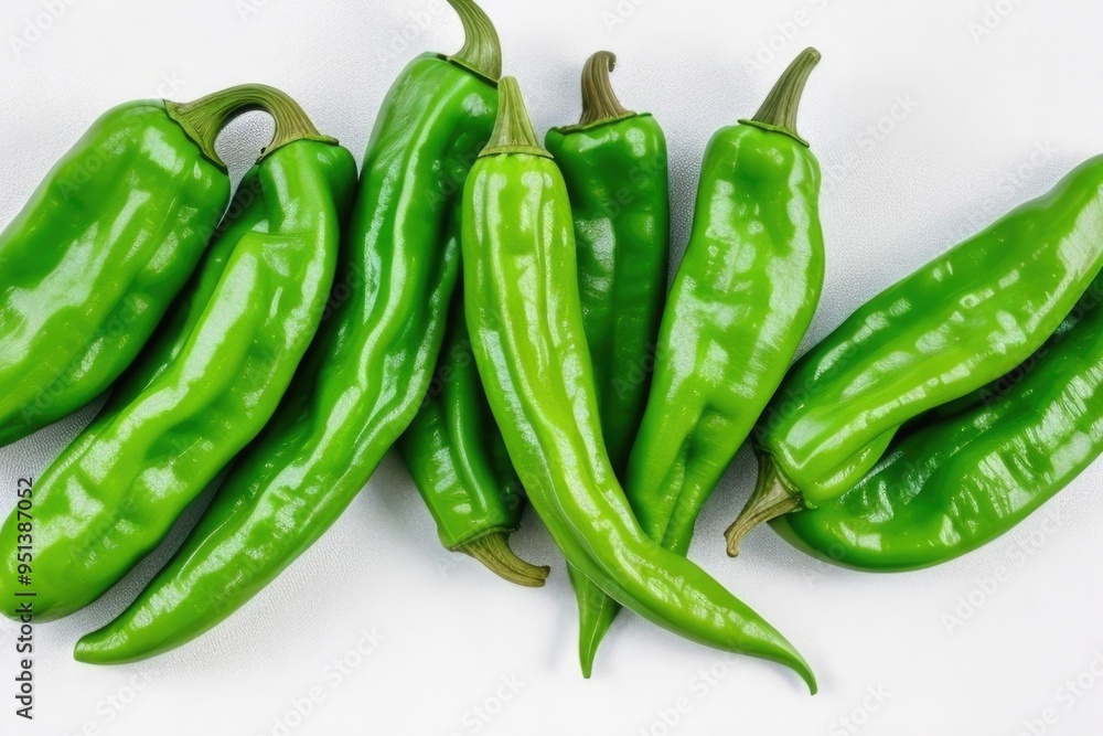 Flat lay green chili peppers over a white background Flat lay green chili peppers over a white background