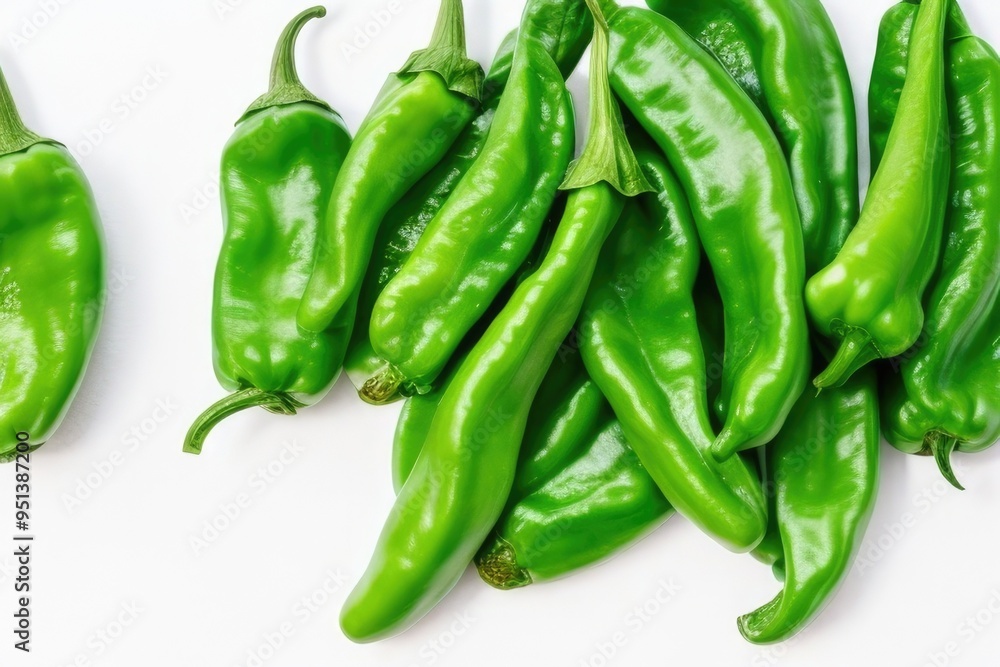Flat lay green chili peppers over a white background Flat lay green chili peppers over a white background