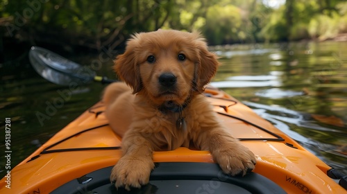 Adorable retriever puppy relaxing in a kayak on a waterway