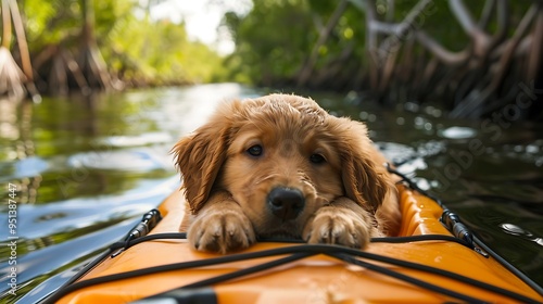 Adorable retriever puppy relaxing in a kayak on a waterway