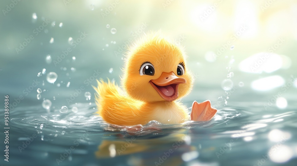 A cute cartoon duckling learning to swim, with its little feet paddling in the water and a proud smile on its face A cute cartoon duckling learning to swim, with its little feet paddling in the water and a proud smile on its face