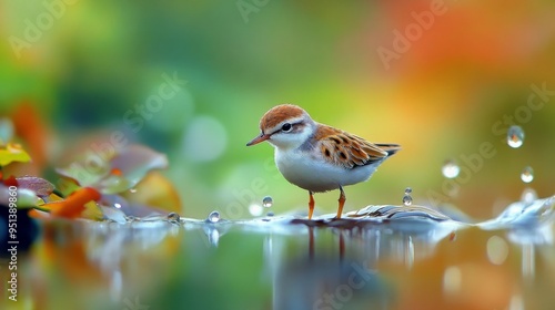 Cute water bird. Colorful backdrop. Little Stint.