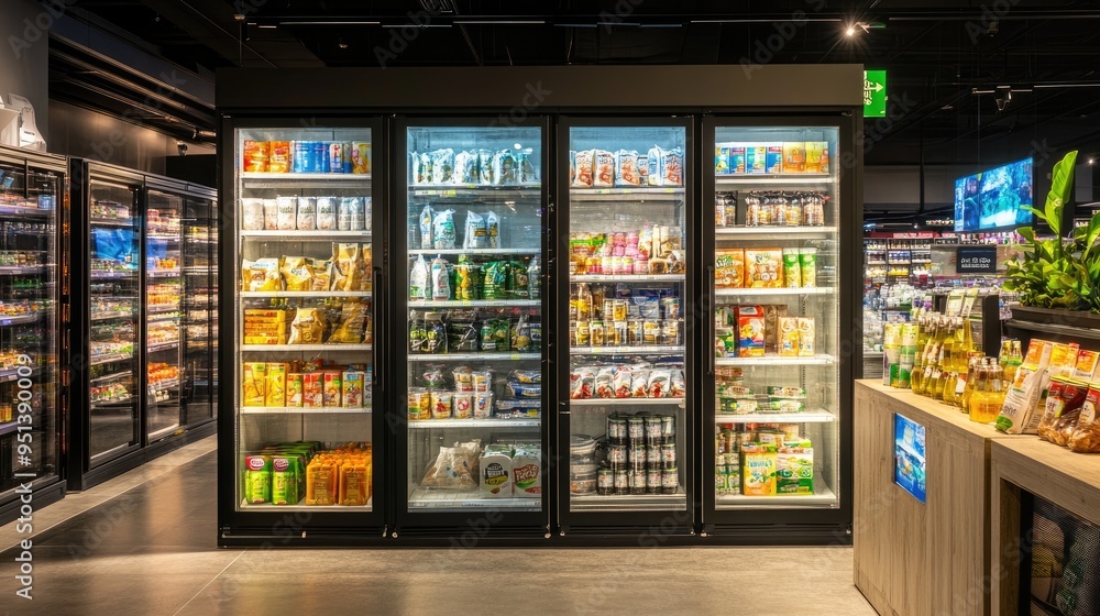 Spacious refrigerated section in a supermarket, with shelves stocked with various products, offering a cool shopping experience. Spacious refrigerated section in a supermarket, with shelves stocked with various products, offering a cool shopping experience.
