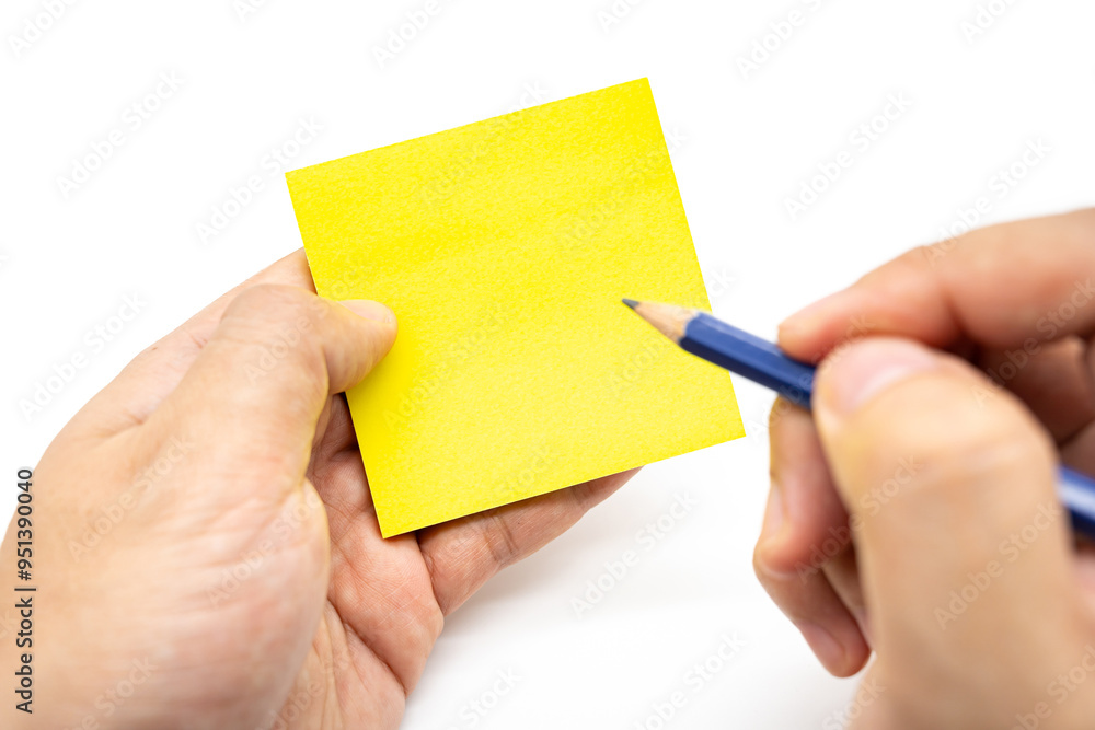 Writing on Blank sticky note isolated on white background. Hand written ...