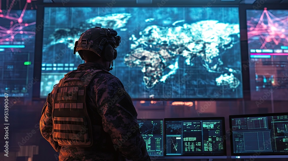 A soldier analyzing maps and screens in a modern war room, focusing on tactical operations A soldier analyzing maps and screens in a modern war room, focusing on tactical operations