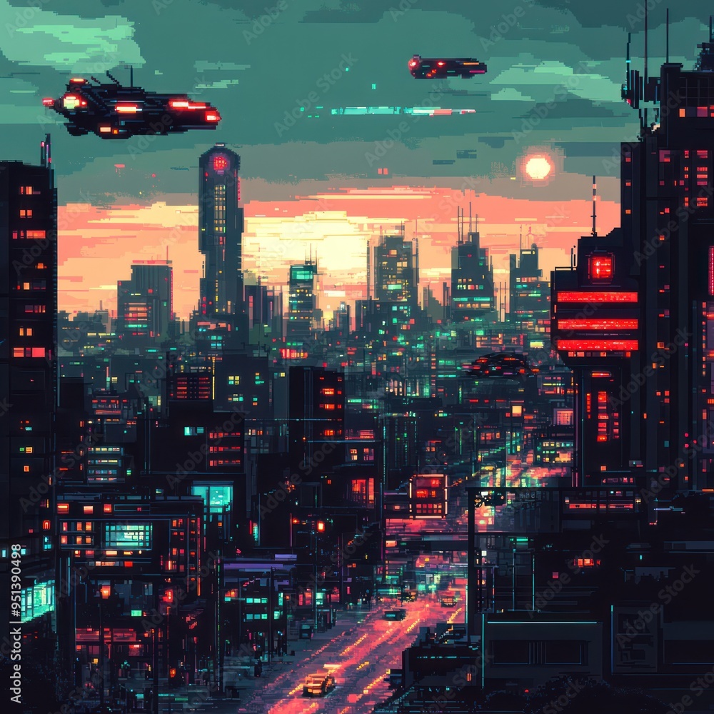 Pixel art cyberpunk city skyline By Generated AI Pixel art cyberpunk city skyline By Generated AI