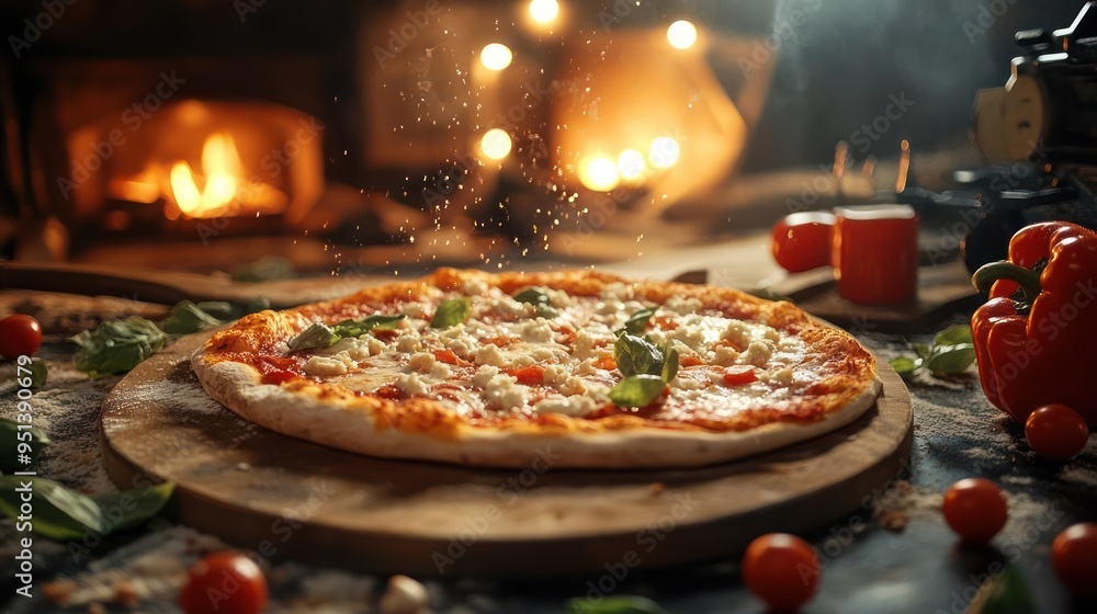 A freshly baked artisan pizza, topped with mozzarella and tomatoes, sitting on a wooden board. A freshly baked artisan pizza, topped with mozzarella and tomatoes, sitting on a wooden board.