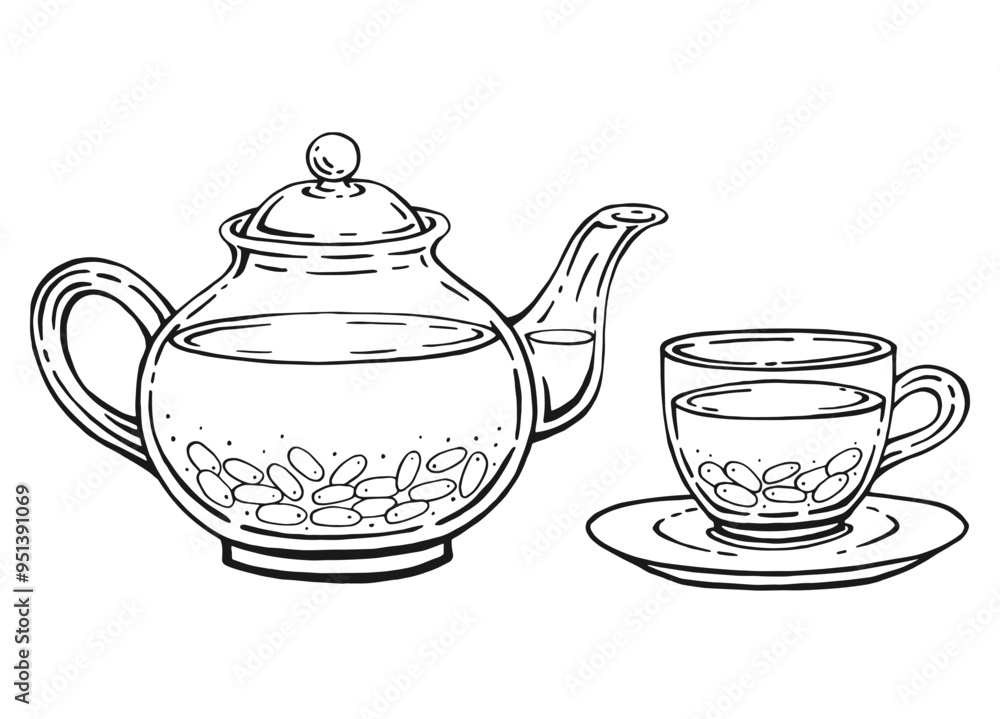 Tea set with glass teapot and cup, barberry tea. Hand drawn vector illustration in outline style. Tea set with glass teapot and cup, barberry tea. Hand drawn vector illustration in outline style.