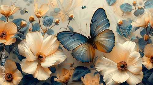 Vintage cottagecore background with flowers and butterflies. Floral vector seamless pattern. Trendy retro aesthetic background. Light limited palette seamless print