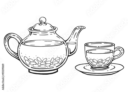 Tea set with glass teapot and cup, barberry tea. Hand drawn vector illustration in outline style.