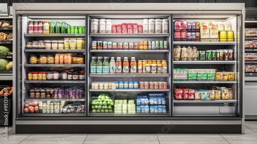 Supermarket refrigerator front view, fully stocked with dairy, beverages, and fresh goods, epitomizing cold and ready freshness.