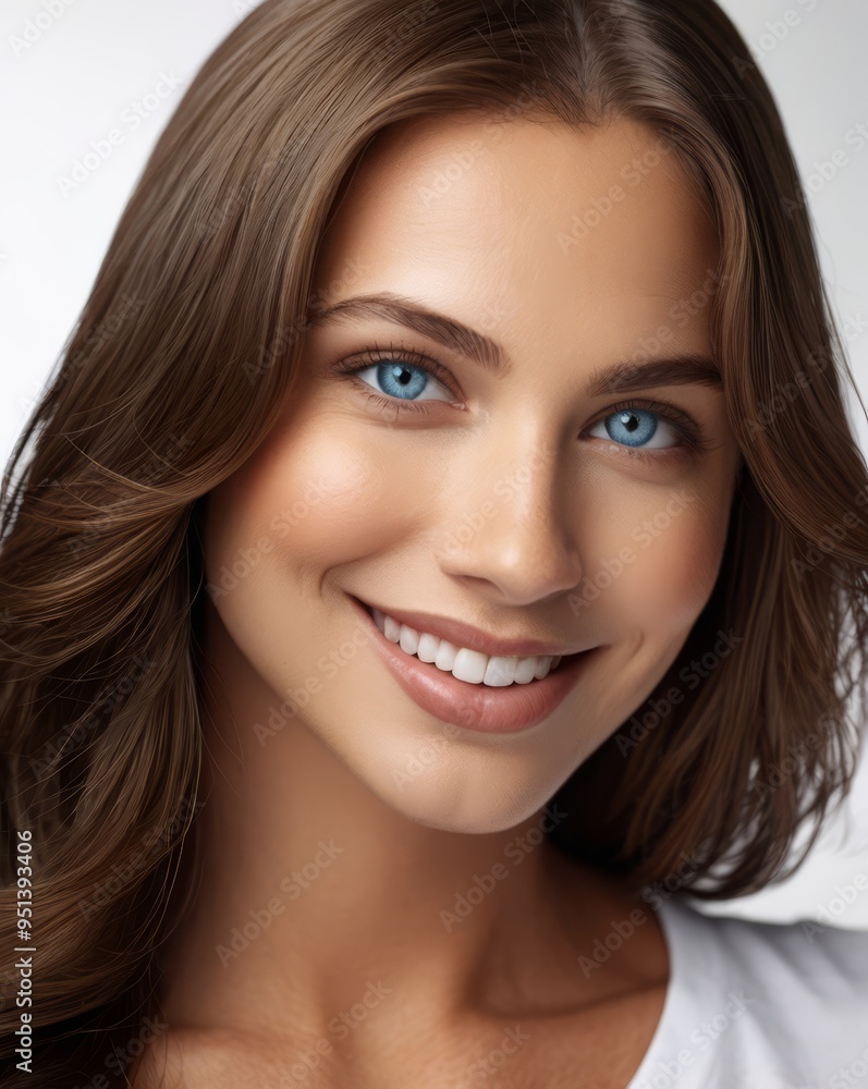 beautiful woman blue eyes, dark brown thick smooth straight shiny and silky hair, smiling, white t-shirt, white background professional photography in studio beautiful woman blue eyes, dark brown thick smooth straight shiny and silky hair, smiling, white t-shirt, white background professional photography in studio