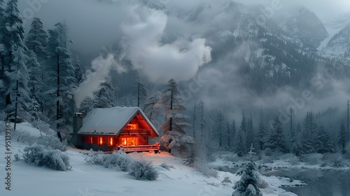 a house in the snow with trees.