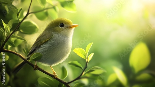 Adorable bird on verdant backdrop