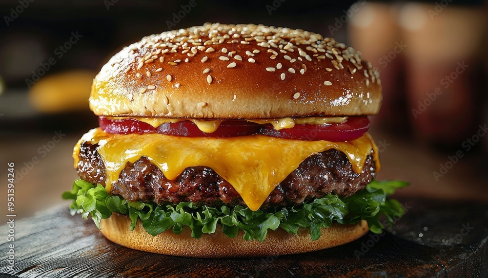 Close-up of a Juicy Cheeseburger with Lettuce and Sesame Seed Bun Close-up of a Juicy Cheeseburger with Lettuce and Sesame Seed Bun