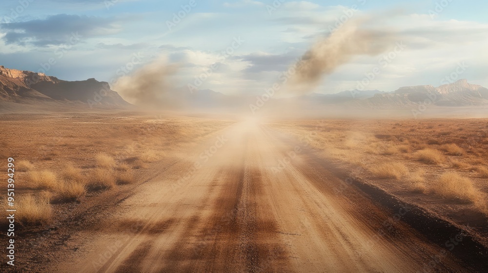 A dusty desert road stretching into the distance, with tumbleweeds blowing across the scene A dusty desert road stretching into the distance, with tumbleweeds blowing across the scene