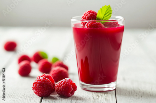 Raspberry juice in a glass with fresh raspberries on a white wooden table