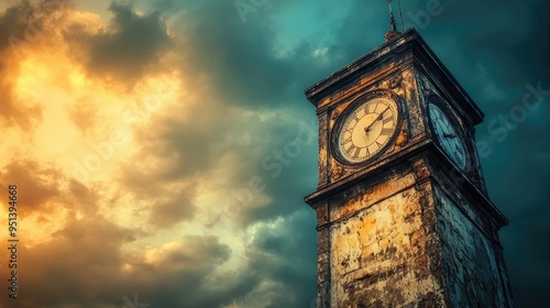 A dusty old clock tower against a dramatic sky, symbolizing the passage of time and decay photo