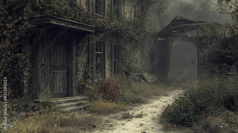 A dusty pathway leading to an old, rundown house, with overgrown plants and weathered wood A dusty pathway leading to an old, rundown house, with overgrown plants and weathered wood