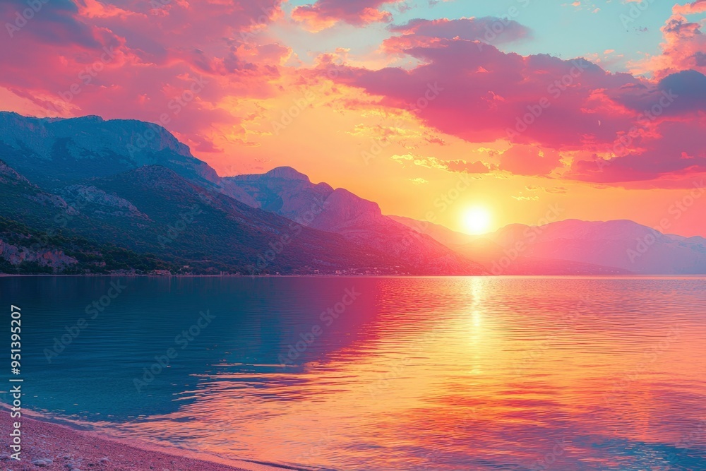 Fototapeta premium Mountainous Coastal Sunset Over Tranquil Water