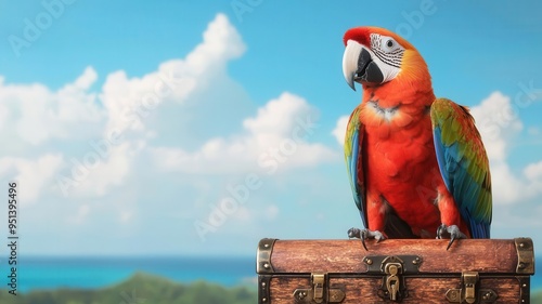 Parrot in pirate attire, standing on a treasure chest, tropical island background, playful and adventurous photo