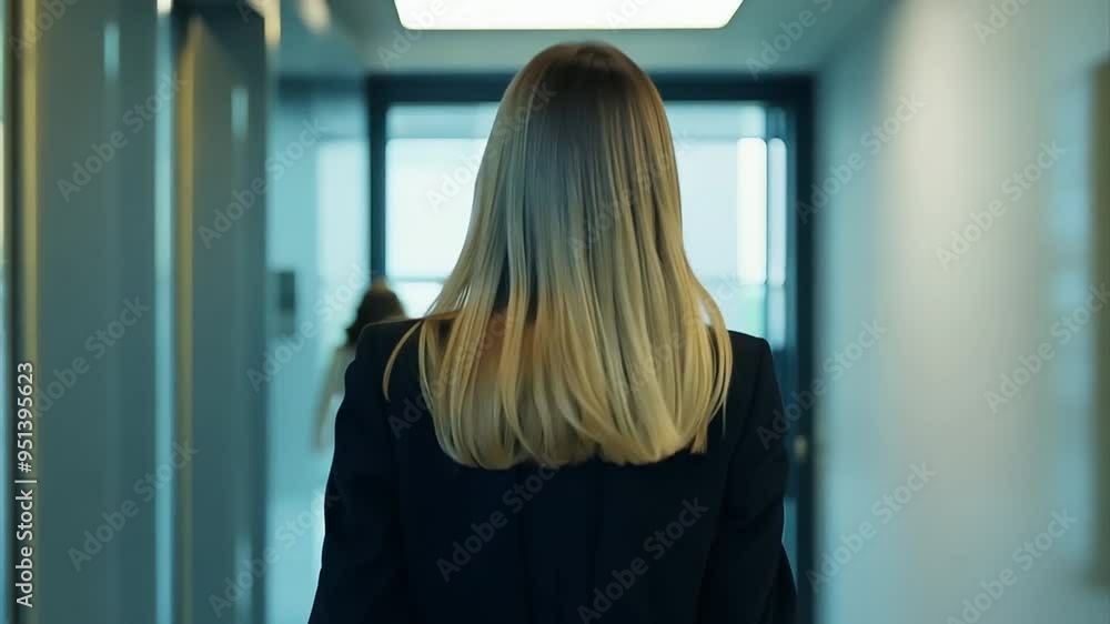 Back view employee walking on meeting through office corridor.