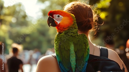 Intimate portrait of a colorful parrot sitting on its owner s shoulder showcasing the bond and interaction between the pet and its caretaker in a studio setting with a plain white background photo