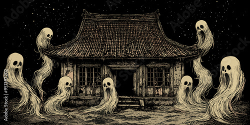 Haunted traditional Japanese house surrounded by eerie ghostly spirits floating in the dark night, creating a chilling and spooky atmosphere