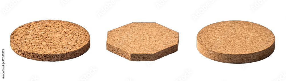 Cork Coasters in Round, Square, and Hexagonal Shapes. Isolated on a Transparent Background. Cutout PNG. Cork Coasters in Round, Square, and Hexagonal Shapes. Isolated on a Transparent Background. Cutout PNG.
