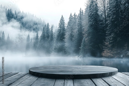 Wood tabletop podium floor outdoors misty lake and forest in winter nature landscape background. cosmetic natural product present placement pedestal counter display.