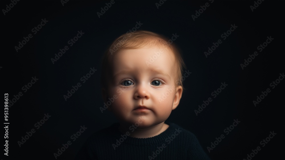 A portrait of an adorable baby boy, isolated on a black background with studio lighting A portrait of an adorable baby boy, isolated on a black background with studio lighting
