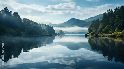 a body of water with trees and mountains in the background. 