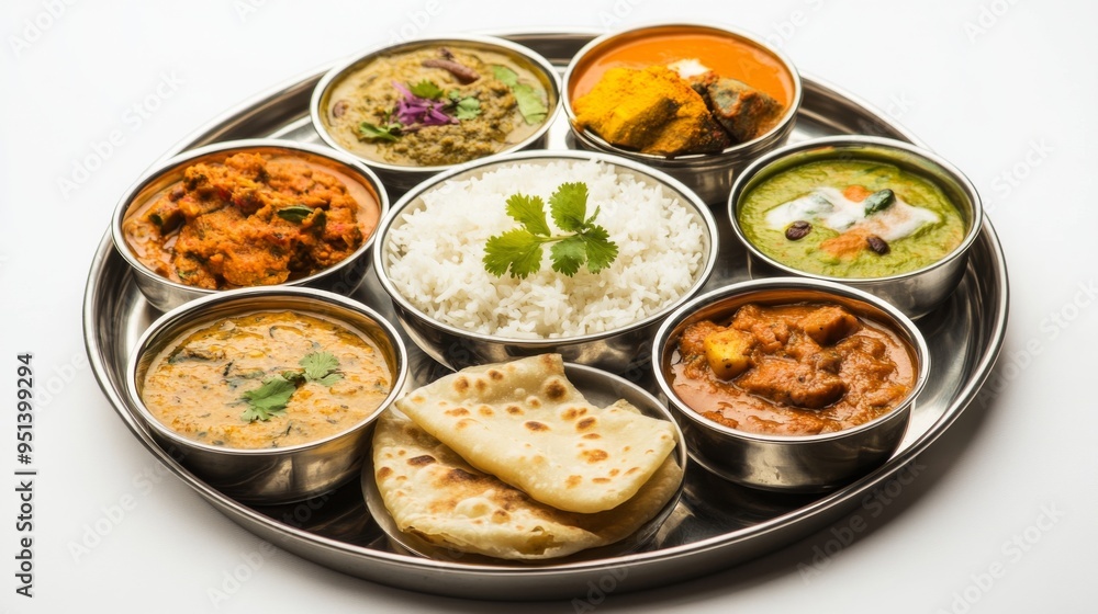 A traditional Indian thali with various dishes, served on a white background, highlighting the diversity and richness of Indian cuisine. A traditional Indian thali with various dishes, served on a white background, highlighting the diversity and richness of Indian cuisine.