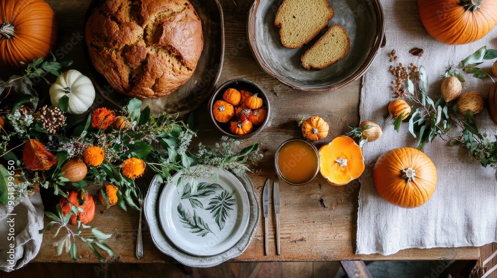 Cozy Autumn Harvest Spread with Pumpkins, Bread, and Greens Cozy Autumn Harvest Spread with Pumpkins, Bread, and Greens