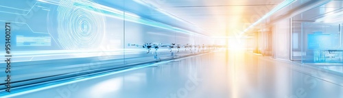 A futuristic logistics hub with automated drones and conveyor systems, orchestrating global marketing campaigns in a synchronized digital landscape